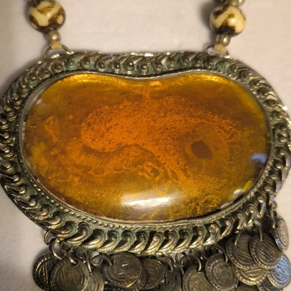 Vintage Amber , Metal Wood Statement Necklace - Picture 3 of 11